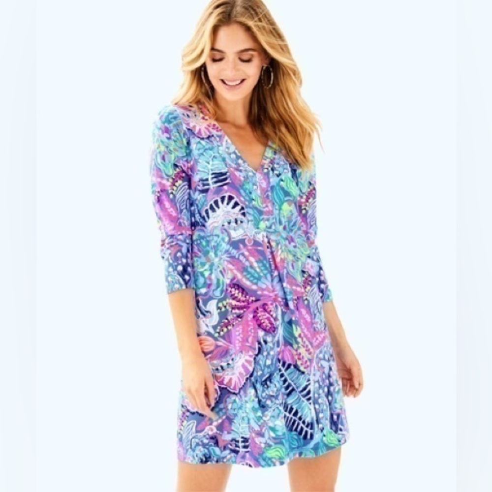 Lilly Pulitzer 3/4 Long Sleeve Amina Multi Neon Fantasy Garden Print Dress 29457
